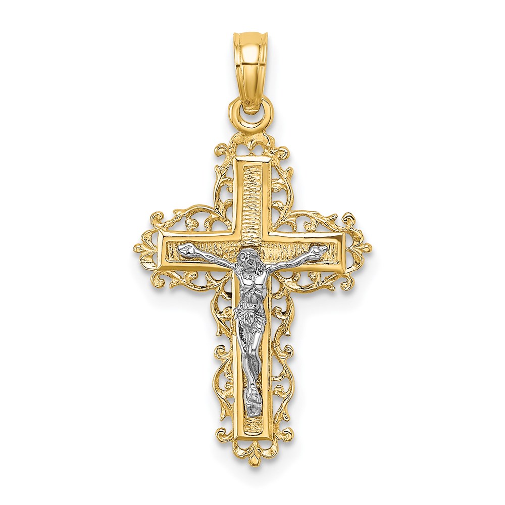 K9174.jpg 14K and White Rhodium Textured Lace Trim Crucifix Charm - Image 1