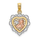 14K Two-tone and White Rhodium Small Angel In Scalloped Edge Heart Charm