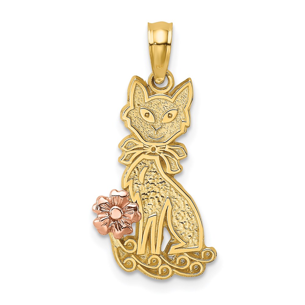 K9193.jpg 14k Two-Tone Sitting Cat with Bow and Flower Charm - Image 1