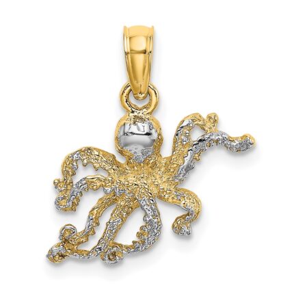 14K and White Rhodium Textured Octopus Charm