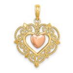 14k Yellow and Rose Heart Dangle with Lace Border Charm