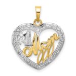 14k with White Rhodium Textured #1 MOM In Heart Charm