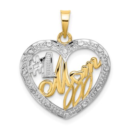 14k with White Rhodium Textured #1 MOM In Heart Charm