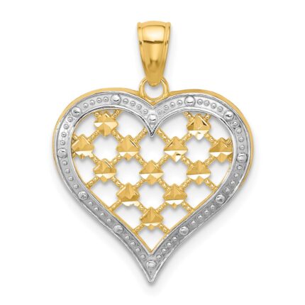 14k and White Rhodium Border Diamond-cut Heart Charm