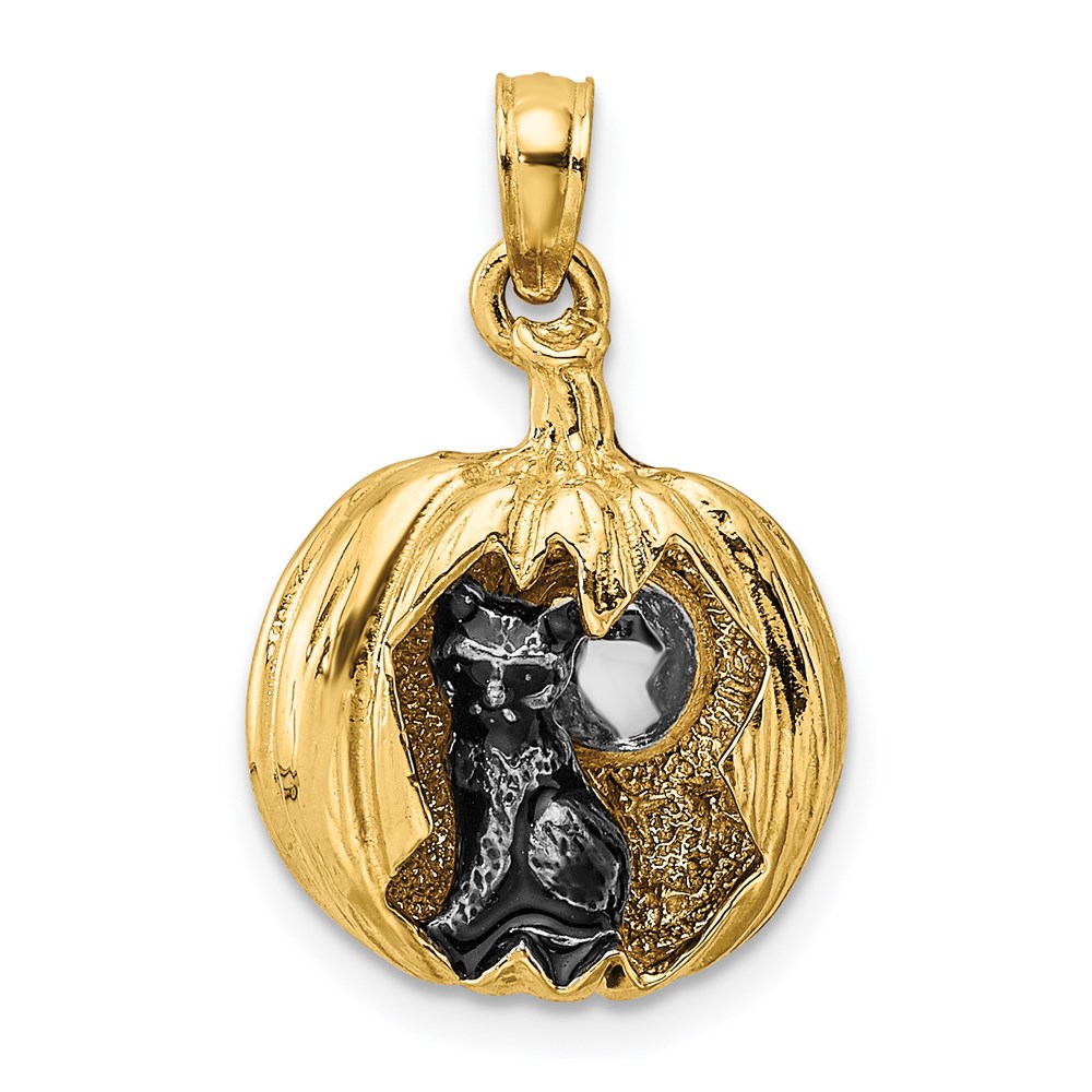 K9289.jpg 14k and Rhodium 3-D Jack-o-Lantern with Enameled Black Cat and Moon Charm - Image 1