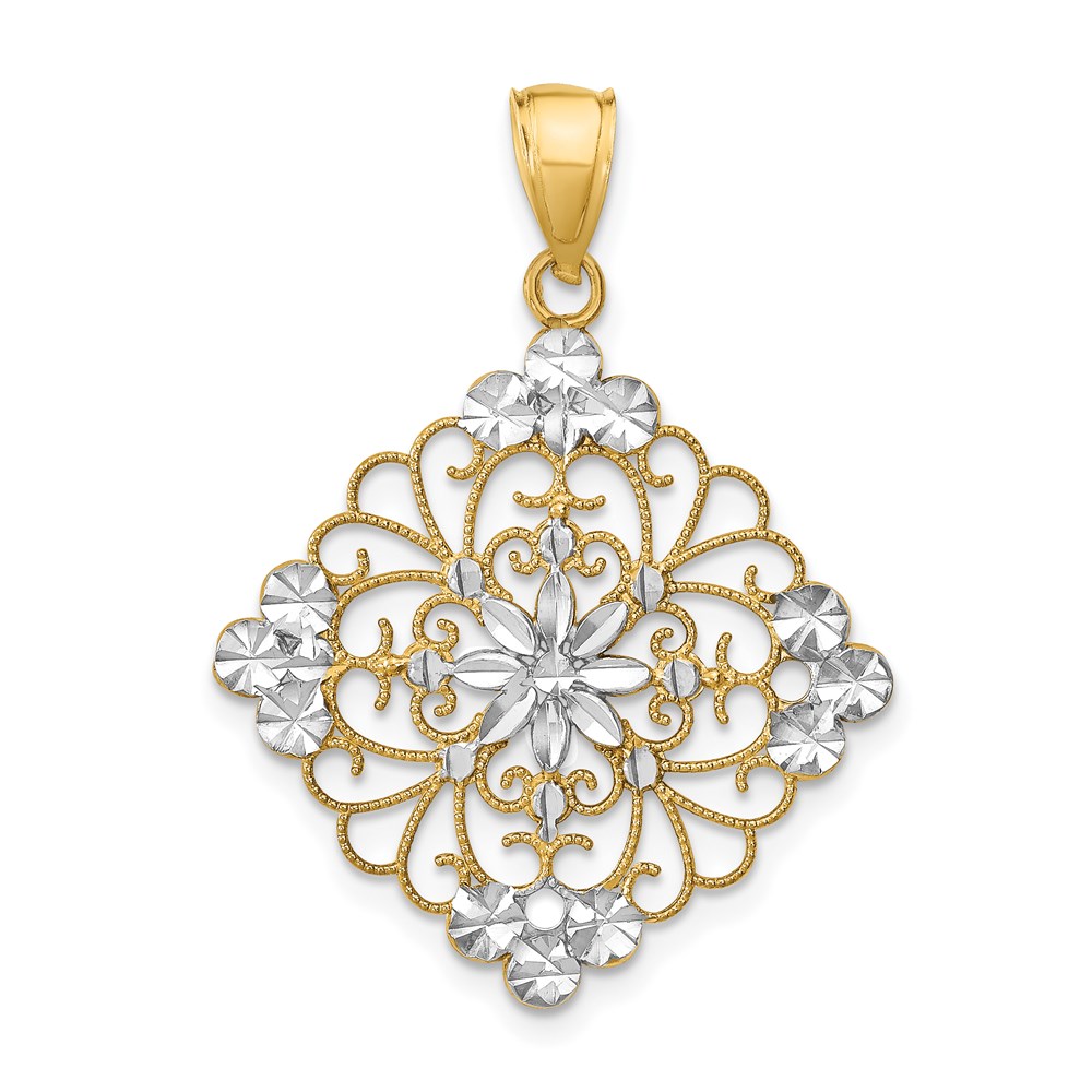 K9338.jpg 14K and White Rhodium Diamond-cut Filigree Medallion Charm - Image 1