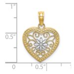 14k and White Rhodium Textured Flower Filigree Heart Charm - Image 3