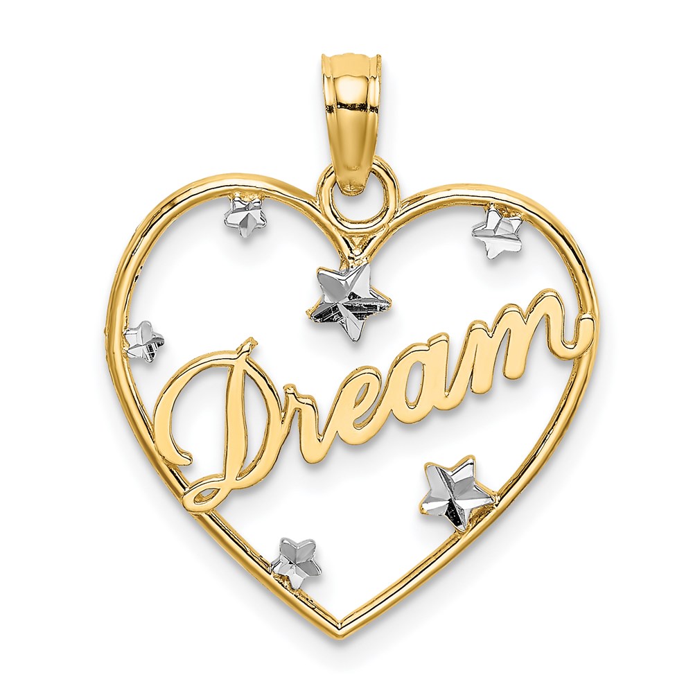 K9396.jpg 14k and White Rhodium Diamond-cut DREAM Heart with Stars Charm - Image 1