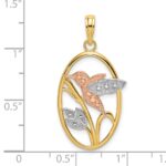 14k Two-tone with White Rhodium Hummingbird and Flowers In Oval Frame Charm - Image 3