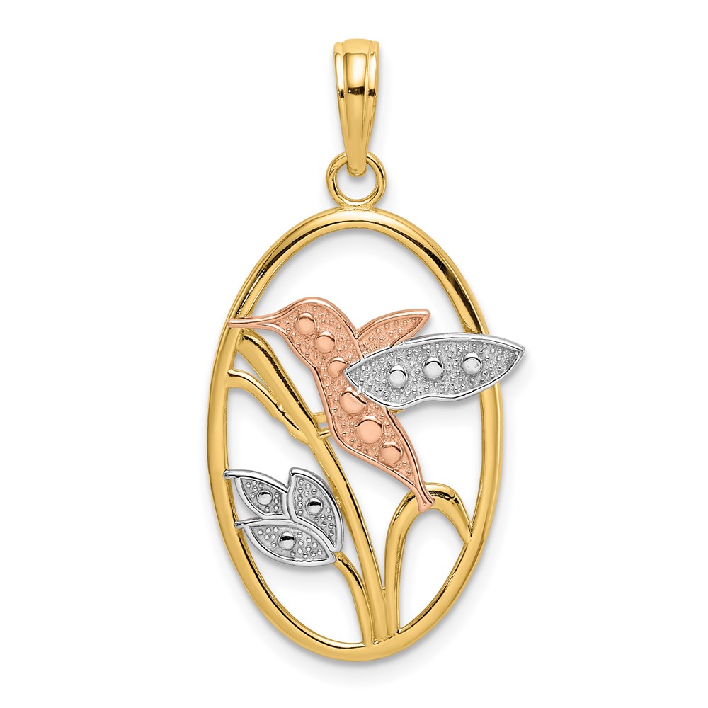 K9399.jpg 14k Two-tone with White Rhodium Hummingbird and Flowers In Oval Frame Charm - Image 1