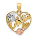 14k Two-tone with White Rhodium #1 MOM with Flower Heart Charm