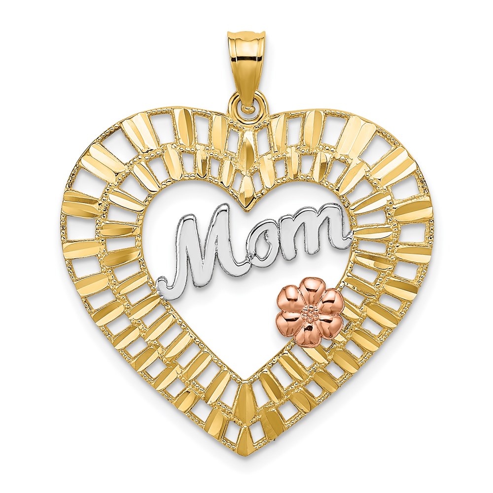 K9422.jpg 14k Two-tone with White Rhodium Diamond-cut MOM with Flower Heart Charm - Image 1