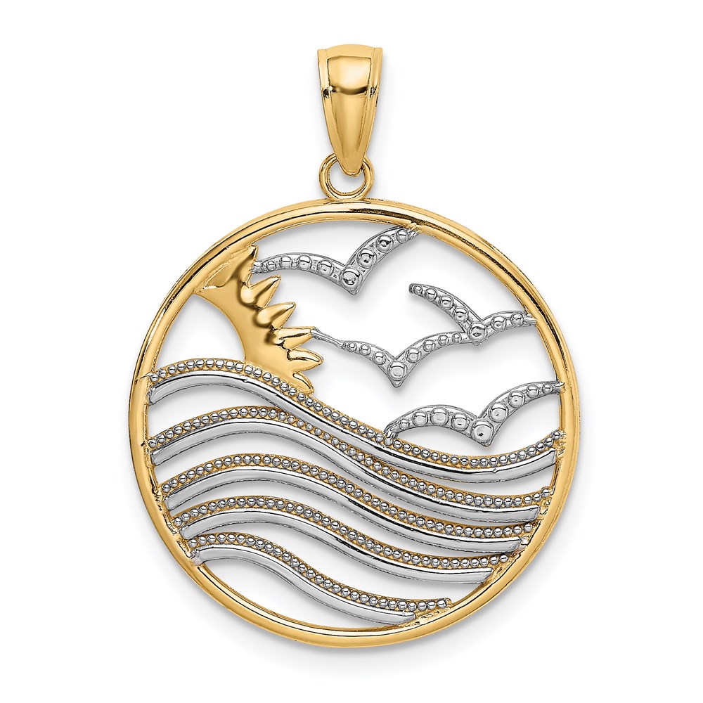 K9429.jpg 14k and White Rhodium Sunset and Seagulls In Circle Pendant - Image 1