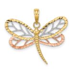 14k Two-tone with White Rhodium Dragonfly with Beaded Diamond-cut Wings Charm