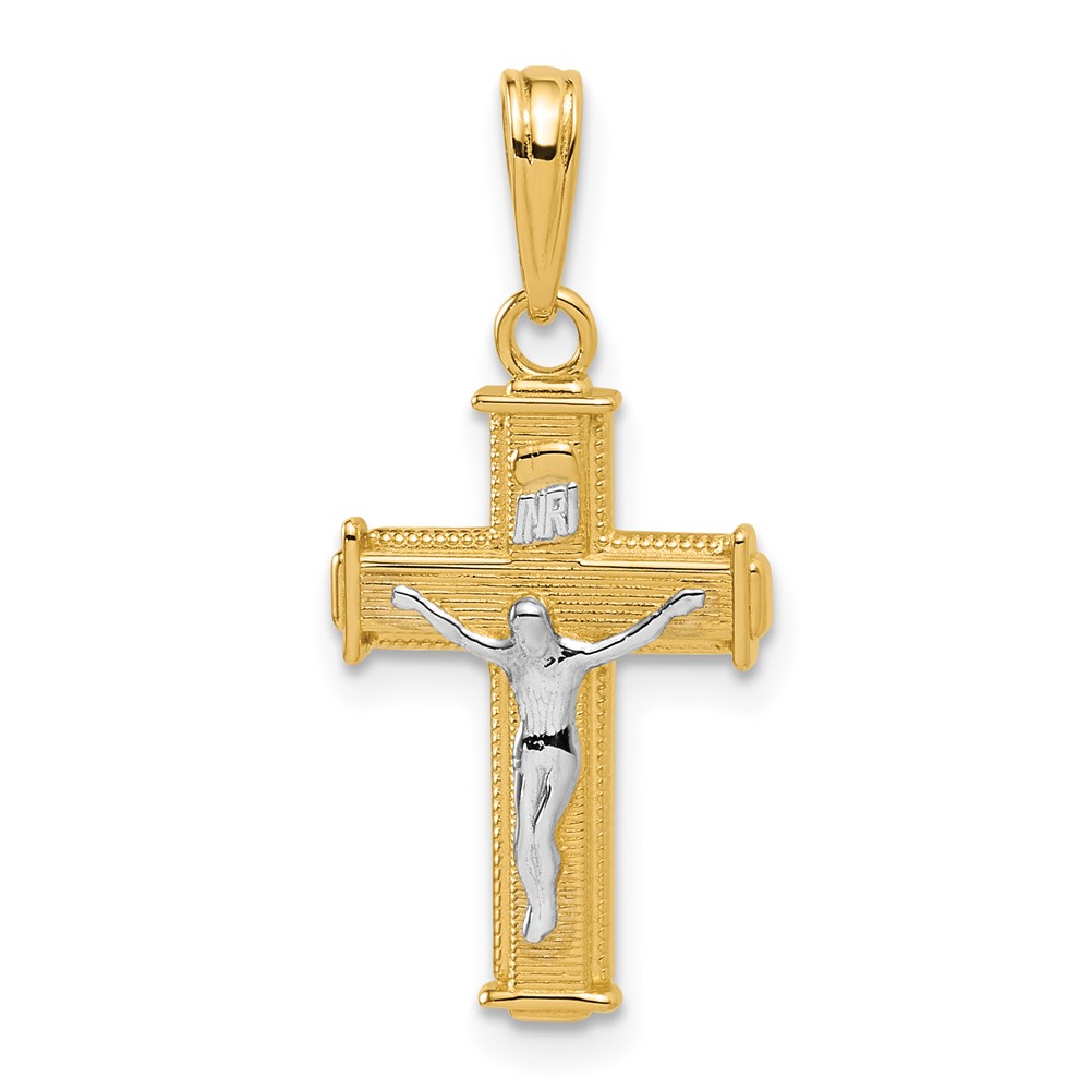 K9460.jpg 14K and White Rhodium Polished Block INRI Crucifix Charm - Image 1
