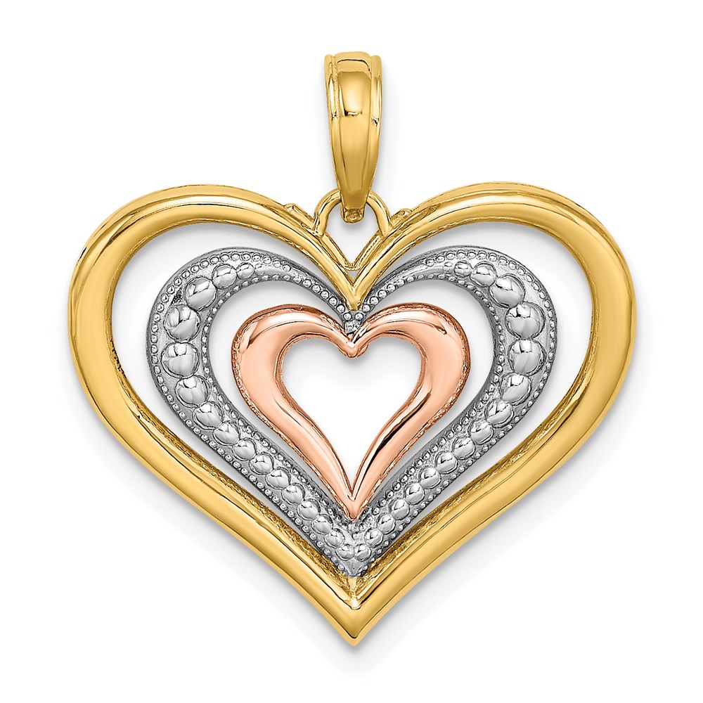 K9461.jpg 14k Two-tone with White Rhodium Textured and Polished Triple Hearts Charm - Image 1