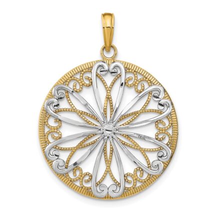 14K and White Rhodium Filigree Center Round Charm