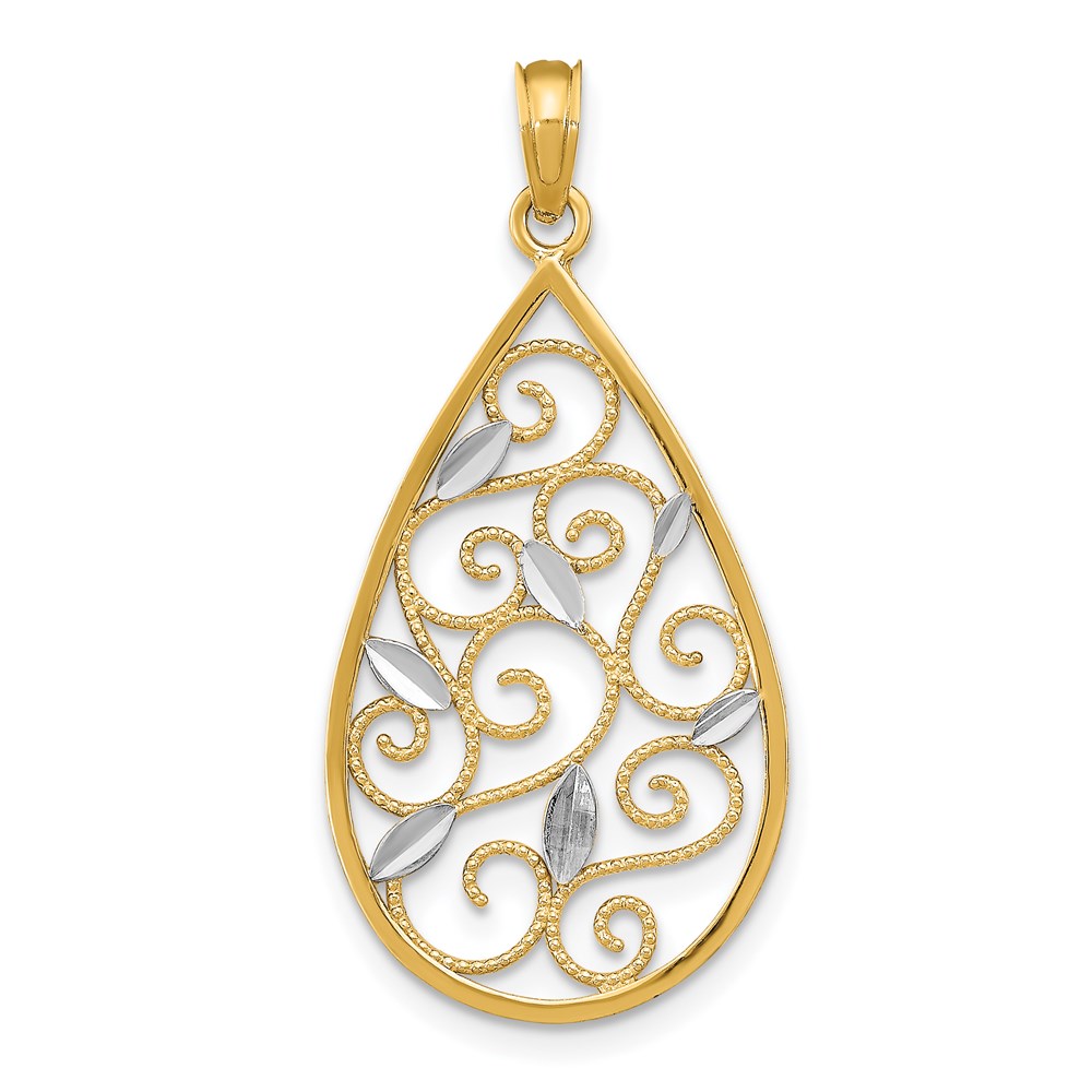 K9477.jpg 14k and White Rhodium Beaded Filigree Diamond-cut Teardrop Charm - Image 1