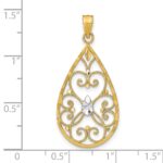 14k and White Rhodium Heart Beaded Filigree Diamond-cut Teardrop Charm - Image 3