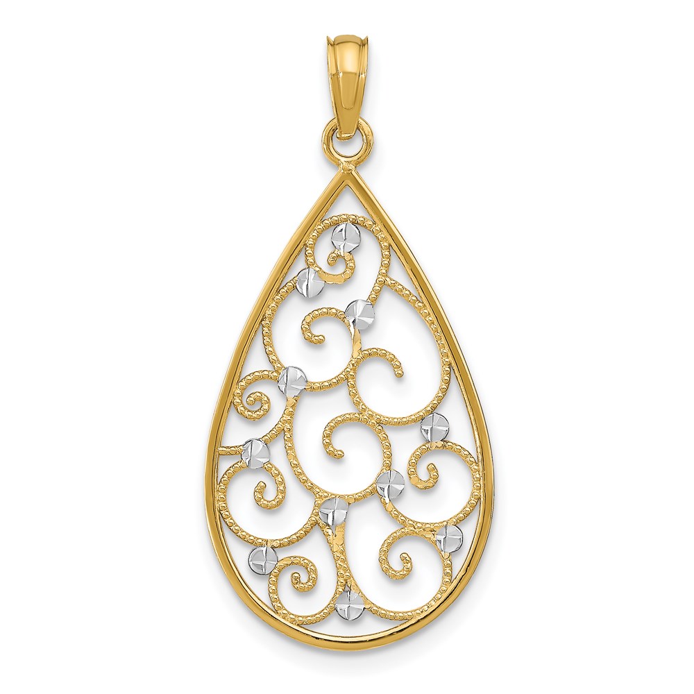 K9479.jpg 14k and White Rhodium Beaded Filigree Diamond-cut Teardrop Charm - Image 1