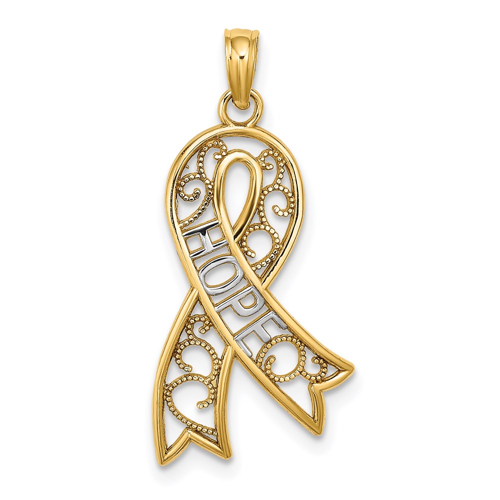 K9480.jpg 14k and White Rhodium Filigree Awareness Ribbon HOPE Charm - Image 1
