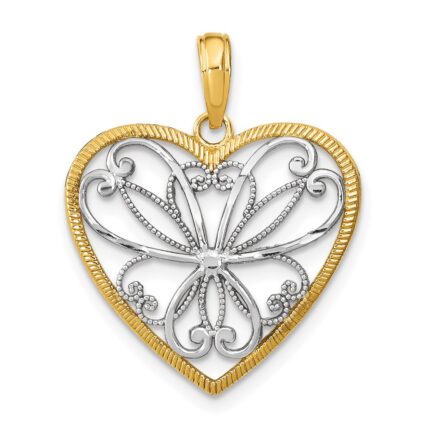 14k and White Rhodium Filigree Heart Charm