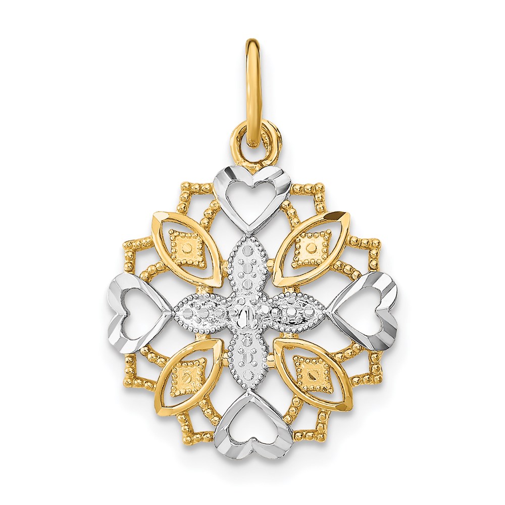 K9503.jpg 14K and White Rhodium Center Flower and Heart Charm - Image 1