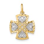 14K and White Rhodium Medium Diamond-cut Hearts Maltese Cross Charm