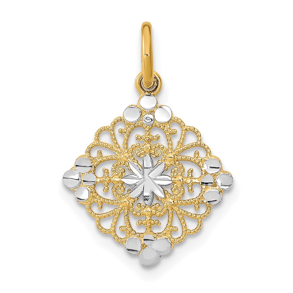 K9506.jpg 14K and White Rhodium and Diamond-cut Filigree Medallion Charm - Image 1