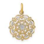 14K and White Rhodium and Diamond-cut Filigree Heart Round Charm