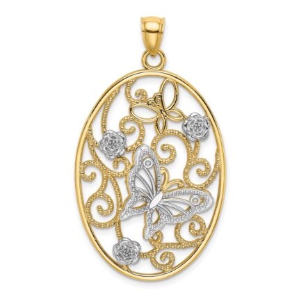 14k Two-Tone with Rhodium Butterfly and Flowers in Oval Frame Charm