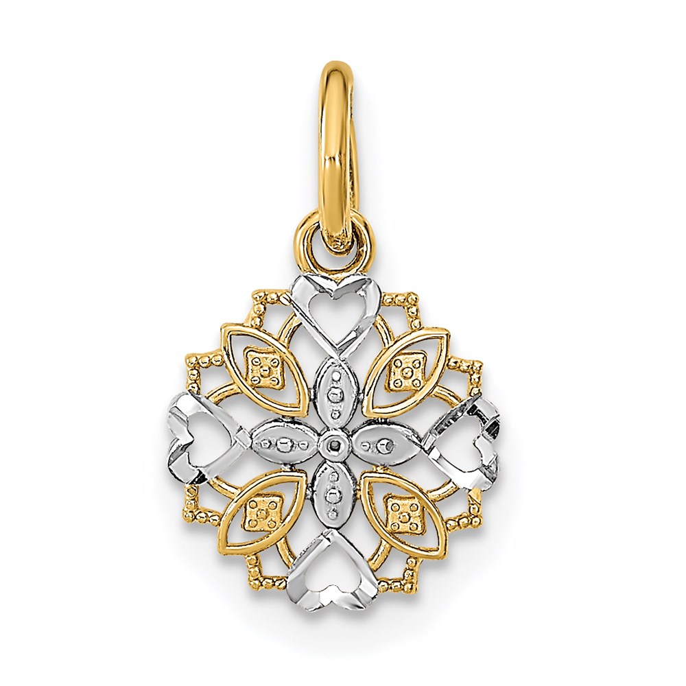 K9527.jpg 14K and White Rhodium Cut-Out Heart Edge Flower Charm - Image 1