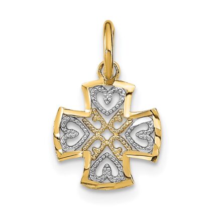 14K and White Rhodium Small Diamond-cut Hearts Maltese Cross Charm