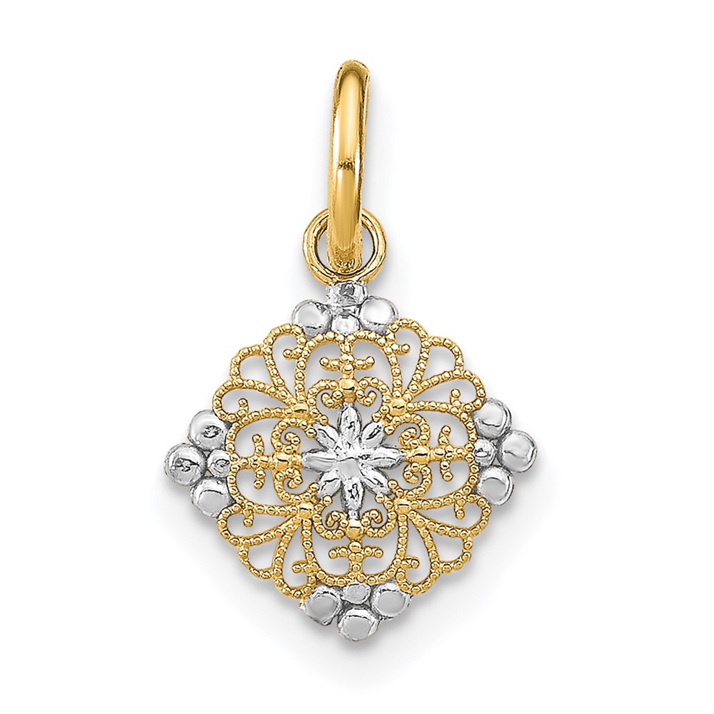 K9530.jpg 14K and White Rhodium Diamond-cut Mini Filigree Medallion Charm - Image 1
