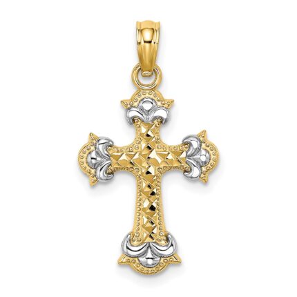 14K with Rhodium Diamond-cut Fleur-De-Lis Cross Charm