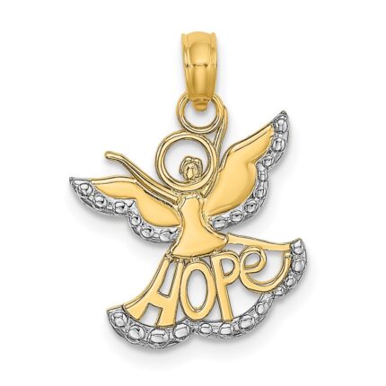 14K and White Rhodium Polished and Textured Cut-Out HOPE Angel Charm