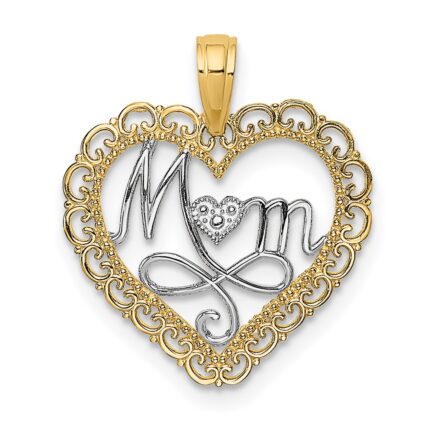 14k with White Rhodium Cut-Out MOM In Scalloped Heart Charm