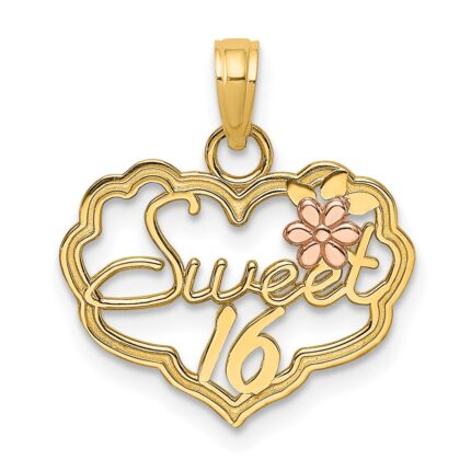 14k Two-Tone SWEET 16 Heart with Flower Charm