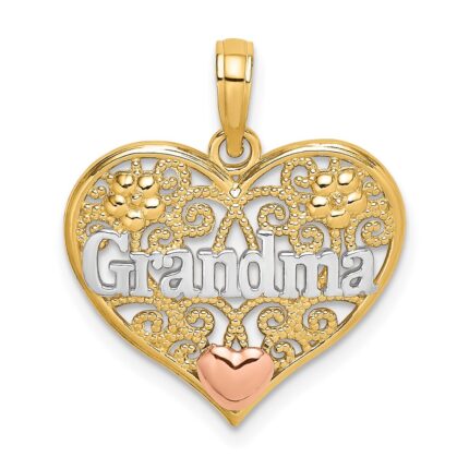 14k Two-tone with White Rhodium GRANDMA In Filigree Heart Charm