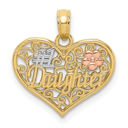 14k Two-tone with White Rhodium #1 DAUGHTER In Heart with Flowers Charm