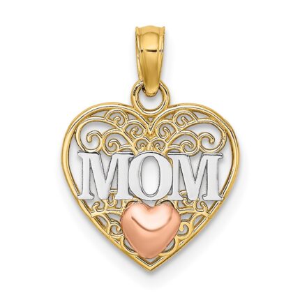 14K Two-tone with White Rhodium Polished MOM in Heart Pendant