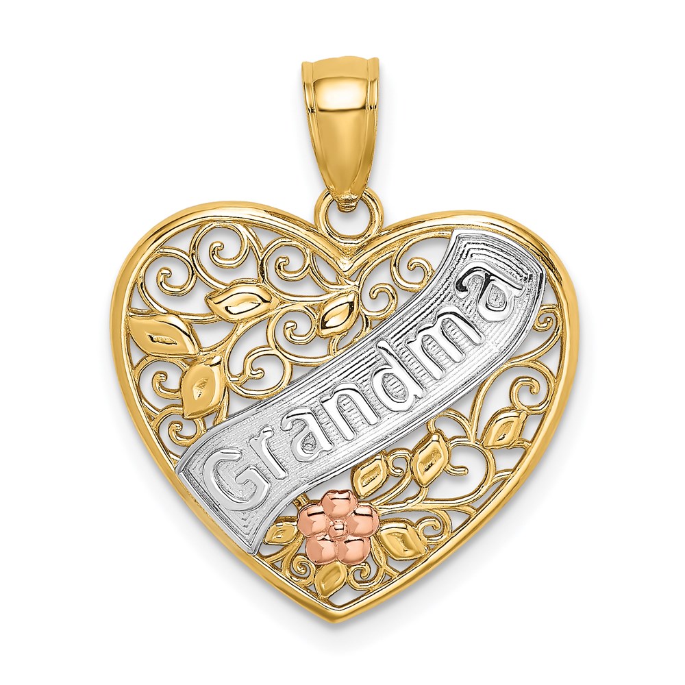 K9561.jpg 14k Two-tone with White Rhodium GRANDMA In Filigree Heart with Flowers Charm - Image 1