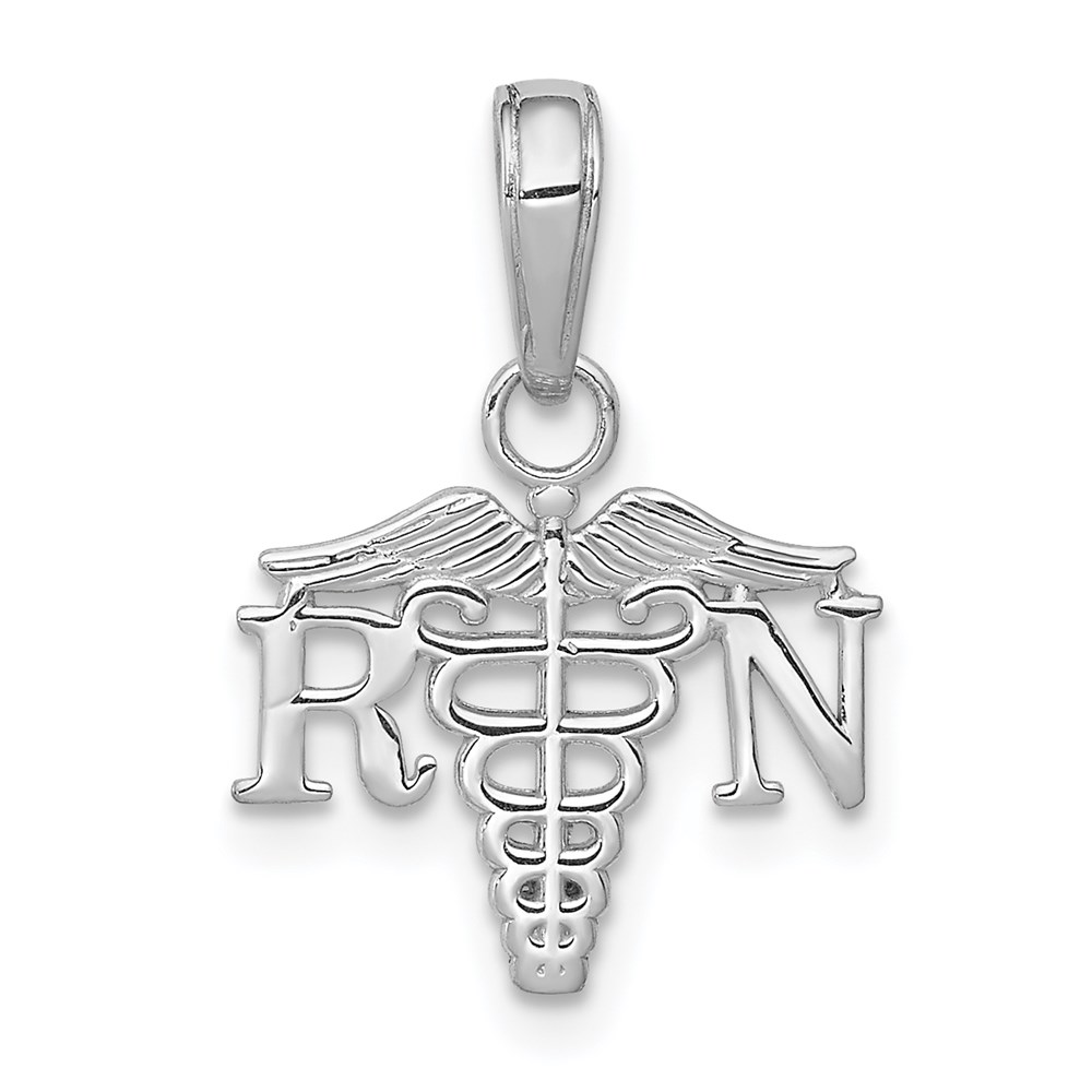 K9574W.jpg 14K White Gold Textured RN Registered Nurse Caduceus Charm - Image 1