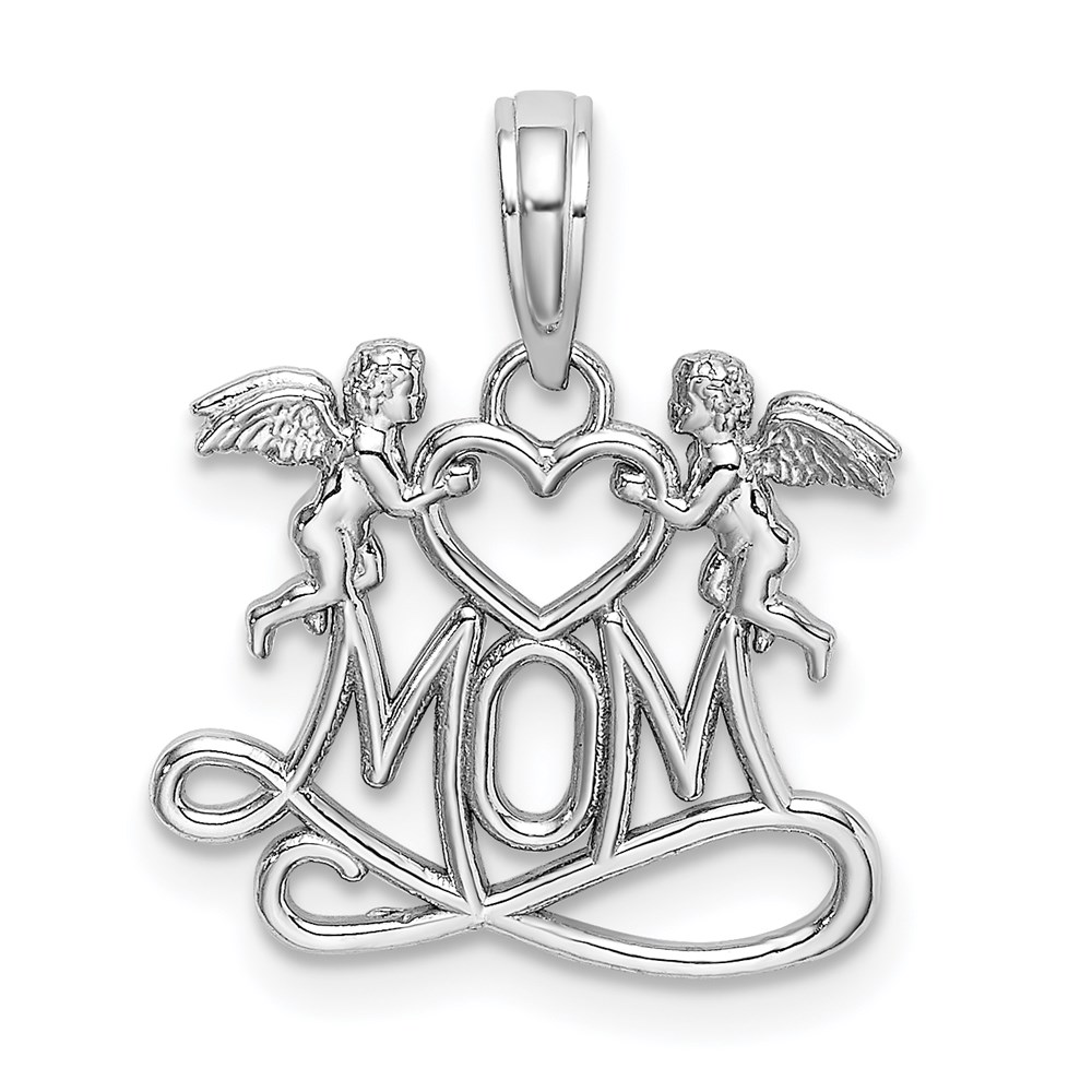 K9577W.jpg 14K White Gold MOM with Heart and Angels Pendant - Image 1