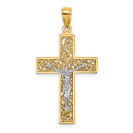 14k Two-tone Filigree Crucifix Pendant