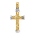 14K and White Rhodium Scroll with Double Endcaps Cross Charm