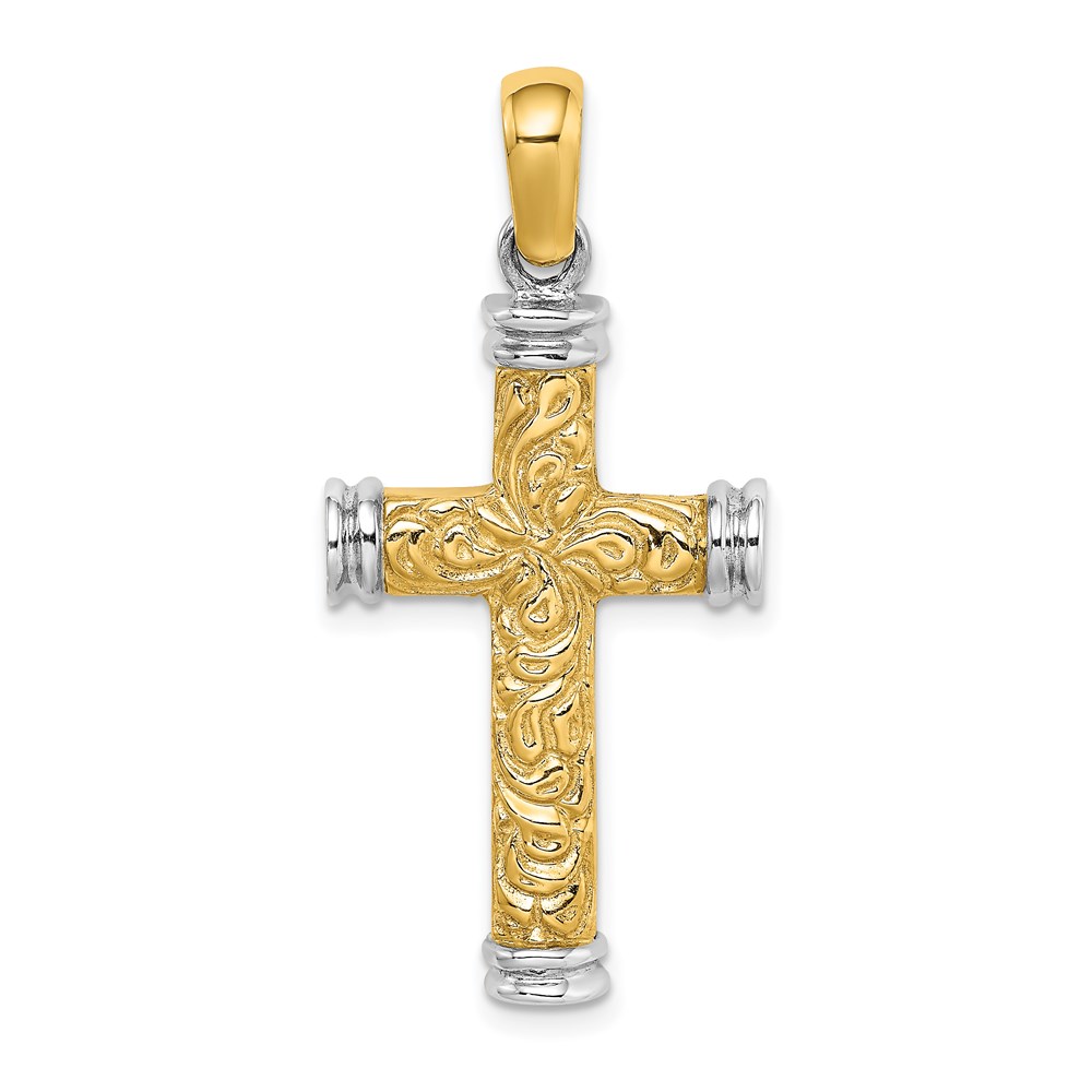 K9746.jpg 14K and White Rhodium Scroll with Double Endcaps Cross Charm - Image 1