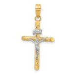 14K and White Rhodium Polished and Textured INRI Crucifix Cross Pendant