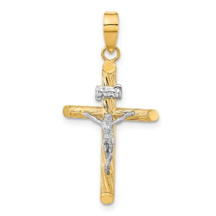 14K and White Rhodium Polished and Textured INRI Crucifix Cross Pendant