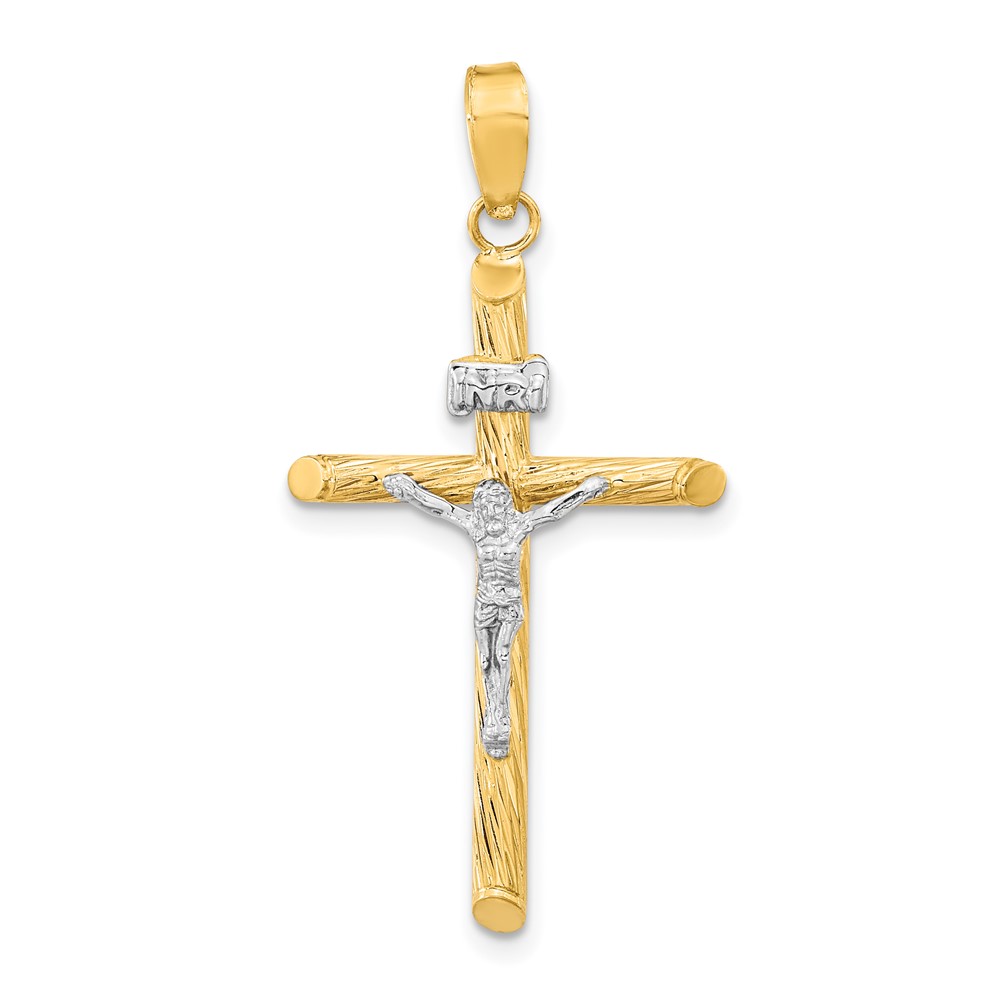 K9968.jpg 14K and White Rhodium Polished and Textured INRI Crucifix Cross Pendant - Image 1